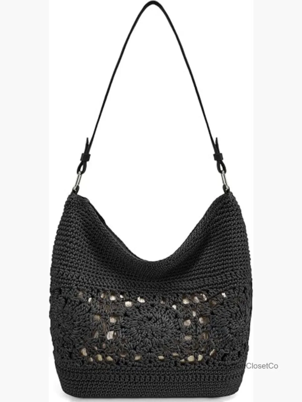 Crochet Hobo Bag Woven Boho Shoulder Purse Handbag with Leather Strap